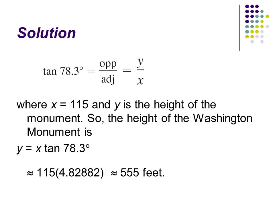 Solution where x = 115 and y is the height of the monument.