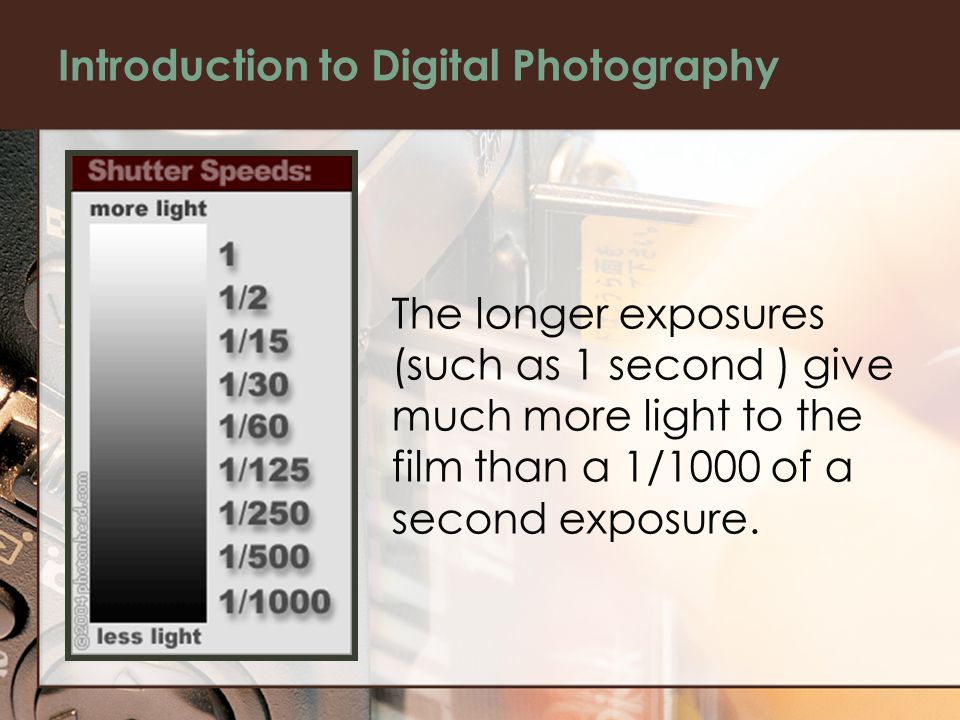 Introduction to Digital Photography The longer exposures (such as 1 second ) give much more light to the film than a 1/1000 of a second exposure.
