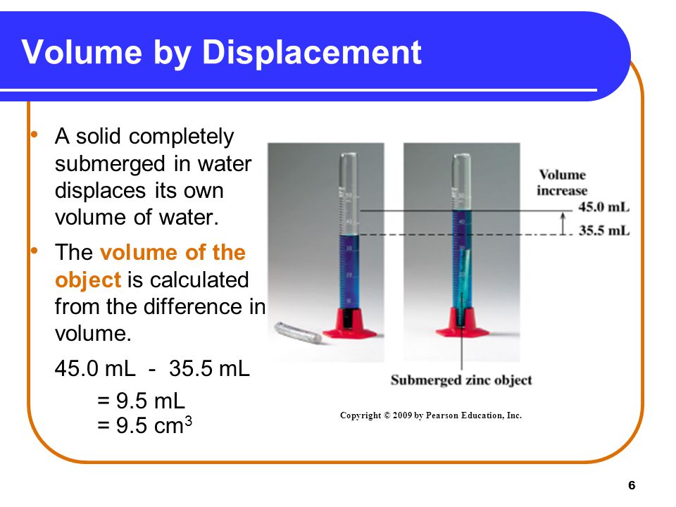 6 Volume by Displacement A solid completely submerged in water displaces its own volume of water.