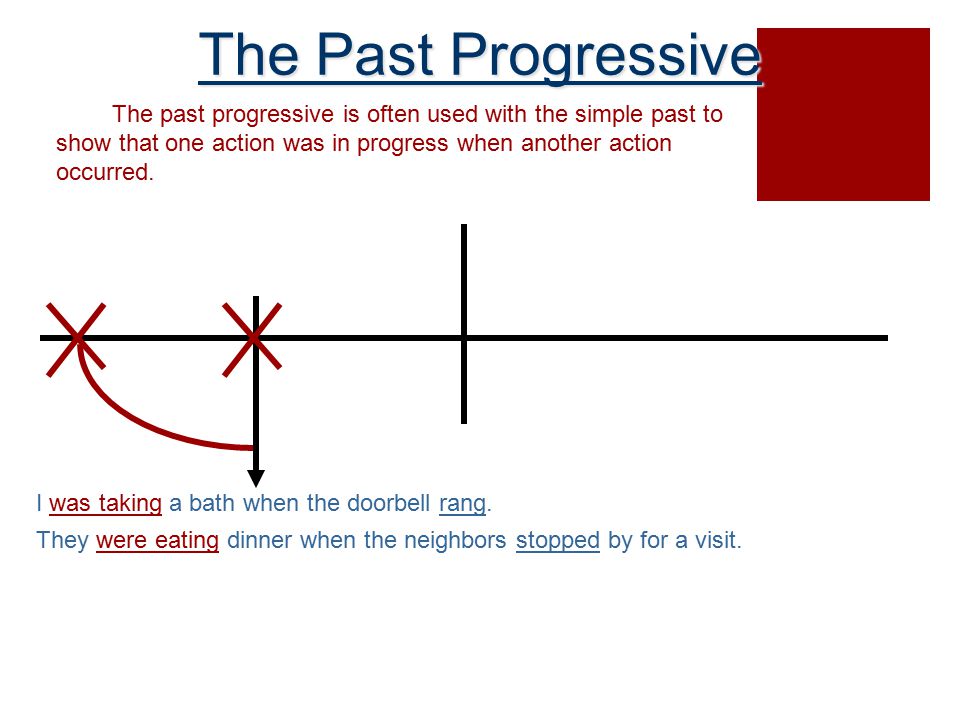 The Past Progressive The past progressive is often used with the simple past to show that one action was in progress when another action occurred.