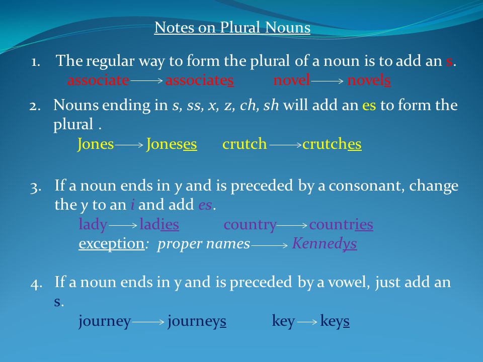 Notes on Plural Nouns 1.The regular way to form the plural of a noun is to add an s.