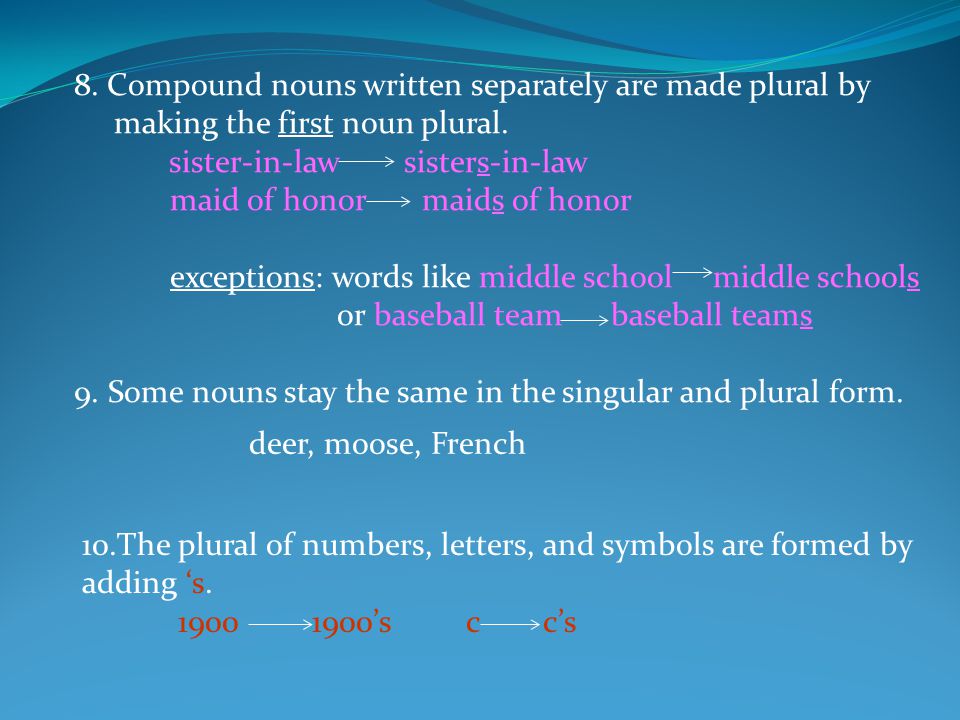 8. Compound nouns written separately are made plural by making the first noun plural.