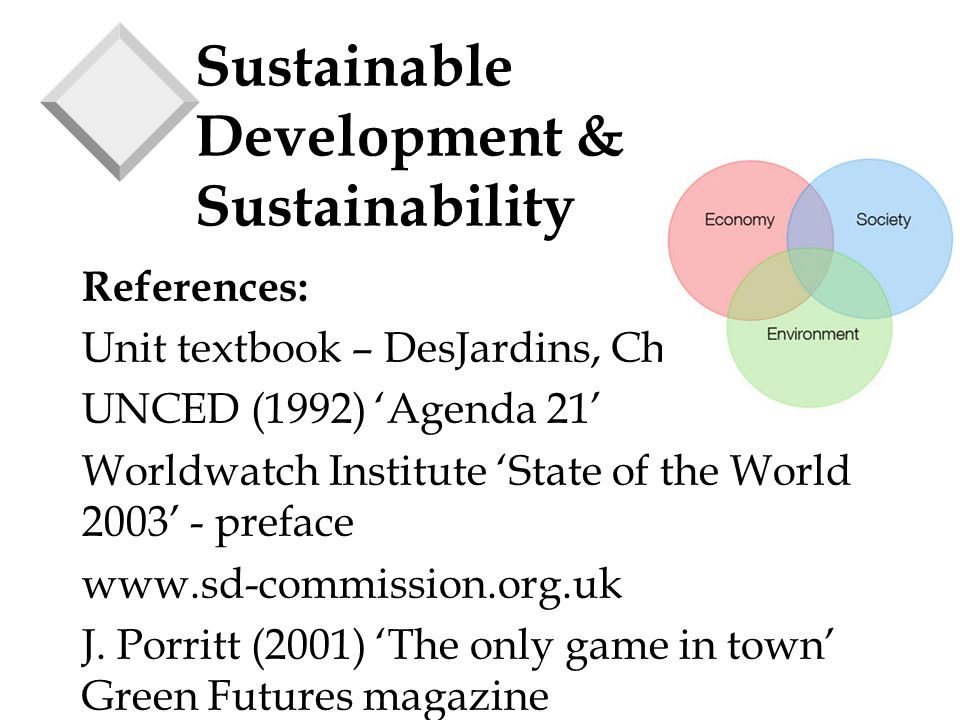 Sustainable Development & Sustainability References: Unit textbook – DesJardins, Chapter 1 UNCED (1992) ‘Agenda 21’ Worldwatch Institute ‘State of the World 2003’ - preface   J.