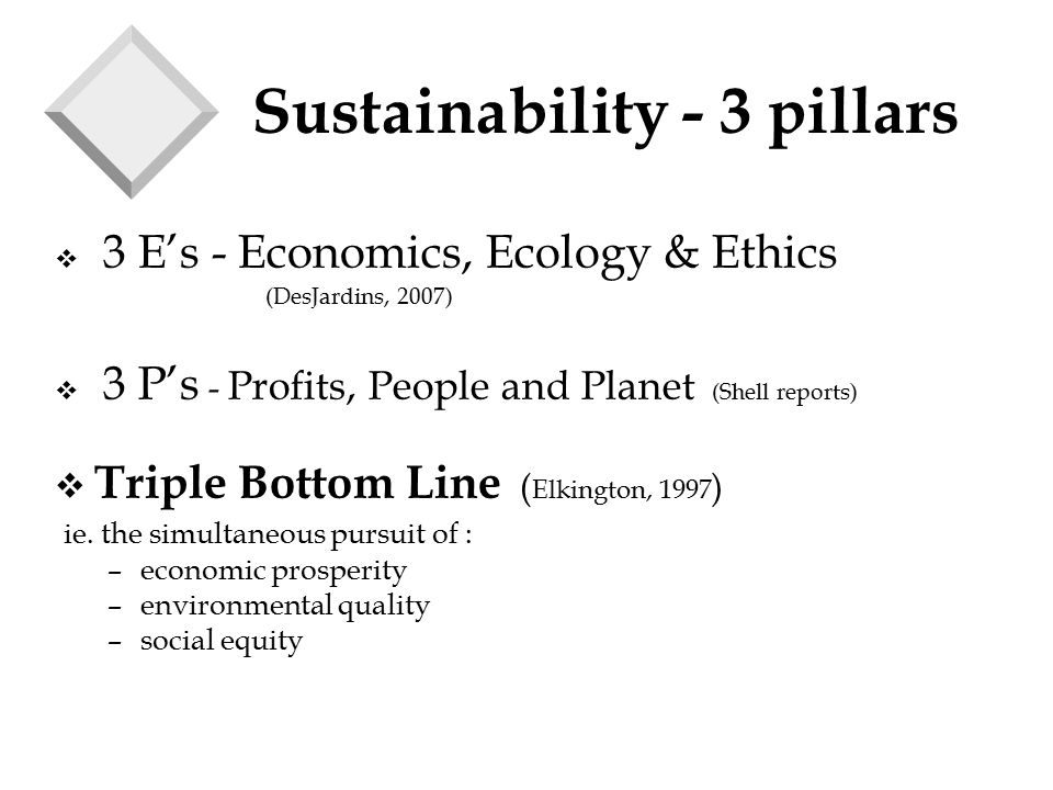 v 3 E’s - Economics, Ecology & Ethics (DesJardins, 2007) v 3 P’s - Profits, People and Planet (Shell reports) v Triple Bottom Line ( Elkington, 1997 ) ie.