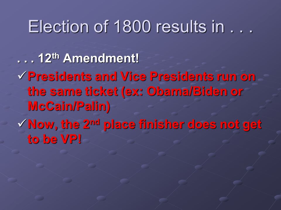 Election of 1800 results in th Amendment.