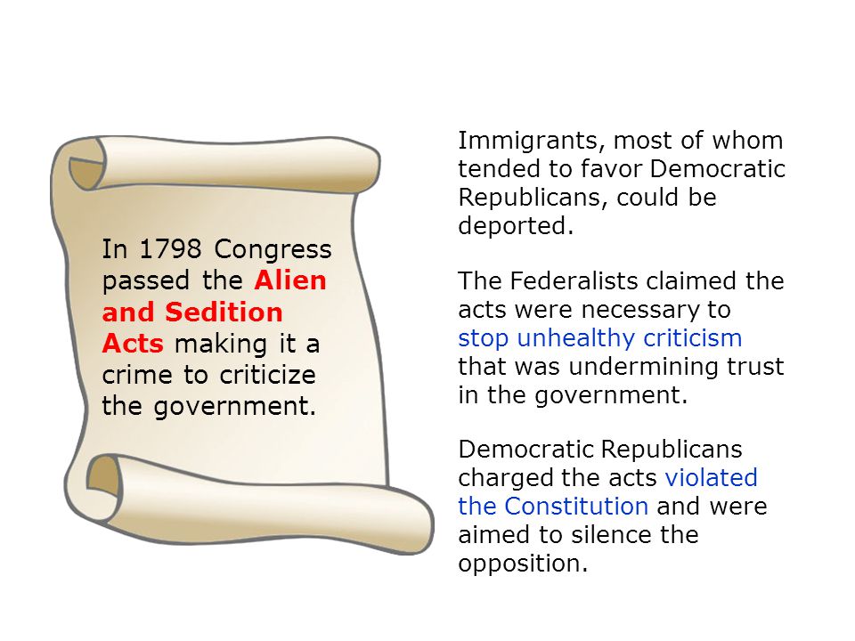 In 1798 Congress passed the Alien and Sedition Acts making it a crime to criticize the government.