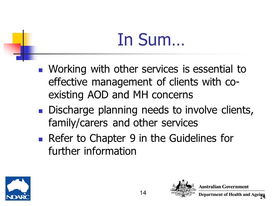 14 In Sum… Working with other services is essential to effective management of clients with co- existing AOD and MH concerns Discharge planning needs to involve clients, family/carers and other services Refer to Chapter 9 in the Guidelines for further information 14