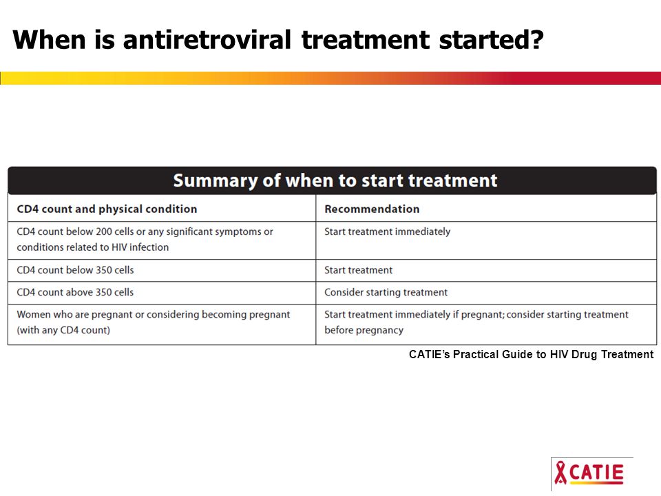 When is antiretroviral treatment started CATIE’s Practical Guide to HIV Drug Treatment