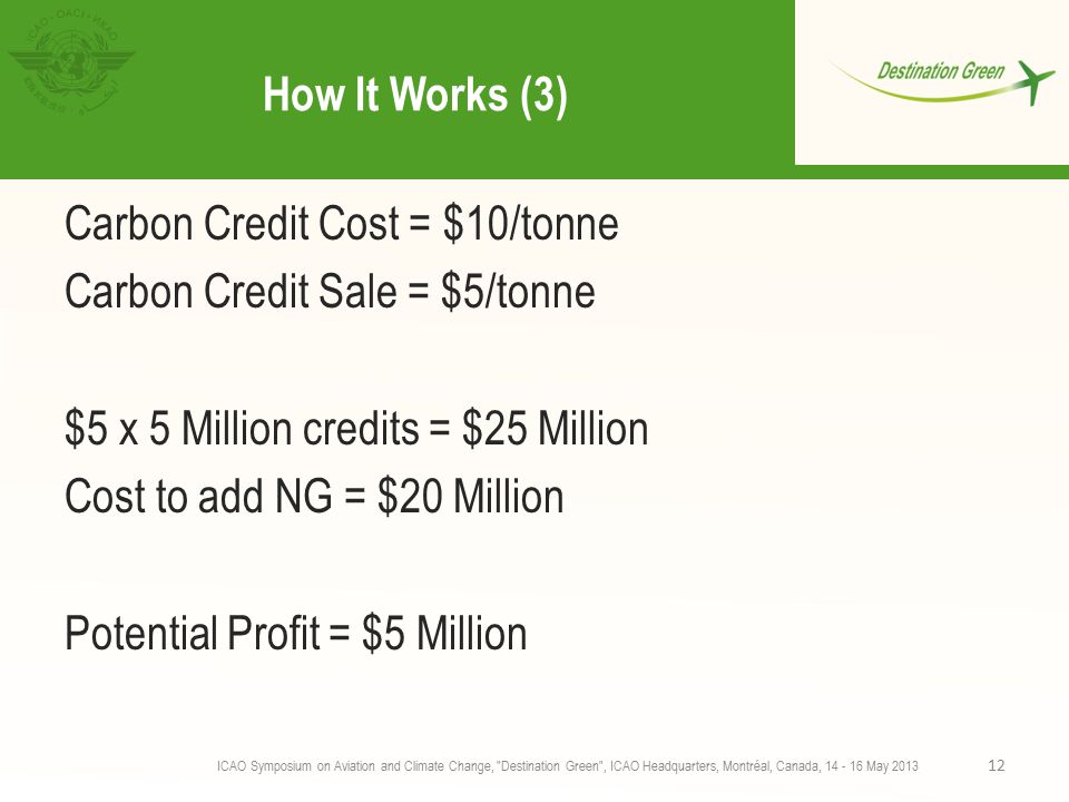 How It Works (3) Carbon Credit Cost = $10/tonne Carbon Credit Sale = $5/tonne $5 x 5 Million credits = $25 Million Cost to add NG = $20 Million Potential Profit = $5 Million ICAO Symposium on Aviation and Climate Change, Destination Green , ICAO Headquarters, Montréal, Canada, May