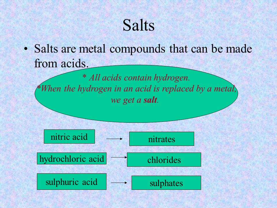 Salts Salts are metal compounds that can be made from acids.
