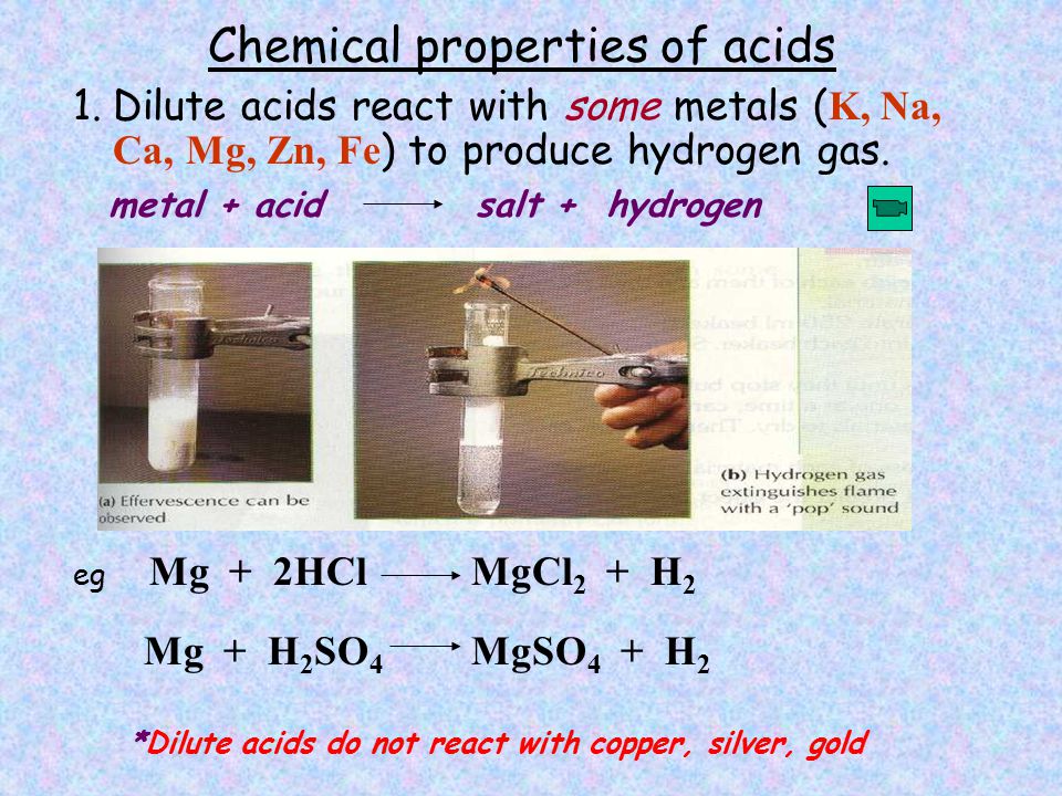 Chemical properties of acids 1.Dilute acids react with some metals ( K, Na, Ca, Mg, Zn, Fe ) to produce hydrogen gas.