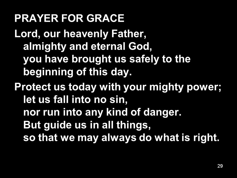 29 PRAYER FOR GRACE Lord, our heavenly Father, almighty and eternal God, you have brought us safely to the beginning of this day.