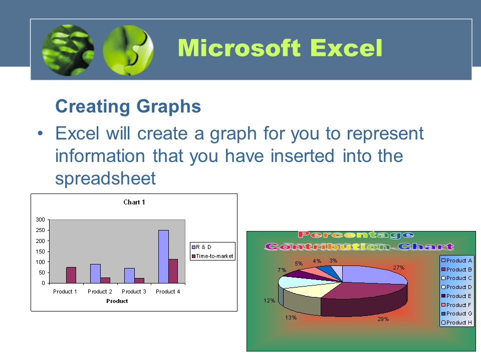 Microsoft Excel Creating Graphs Excel will create a graph for you to represent information that you have inserted into the spreadsheet