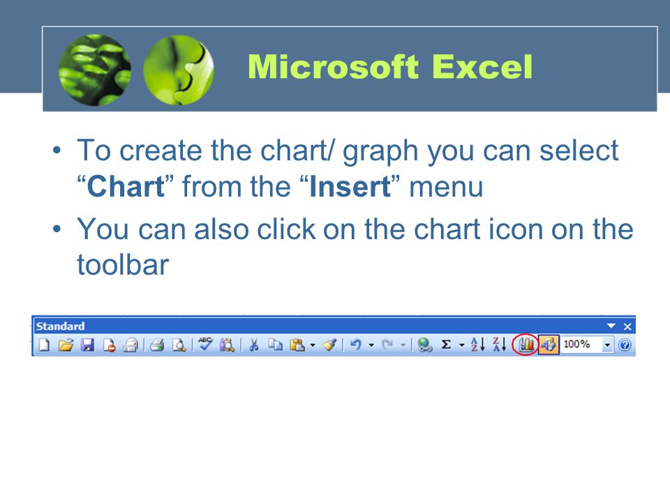 Microsoft Excel To create the chart/ graph you can select Chart from the Insert menu You can also click on the chart icon on the toolbar