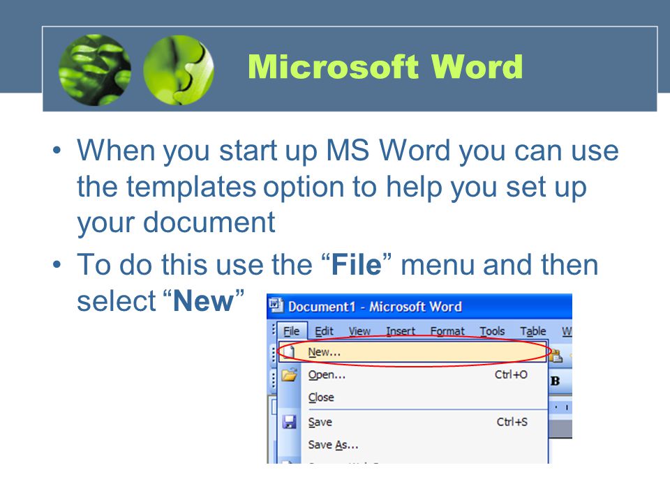 Microsoft Word When you start up MS Word you can use the templates option to help you set up your document To do this use the File menu and then select New