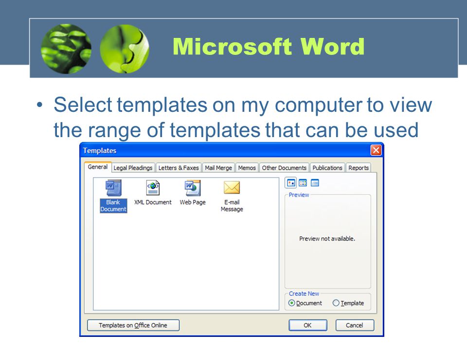 Microsoft Word Select templates on my computer to view the range of templates that can be used