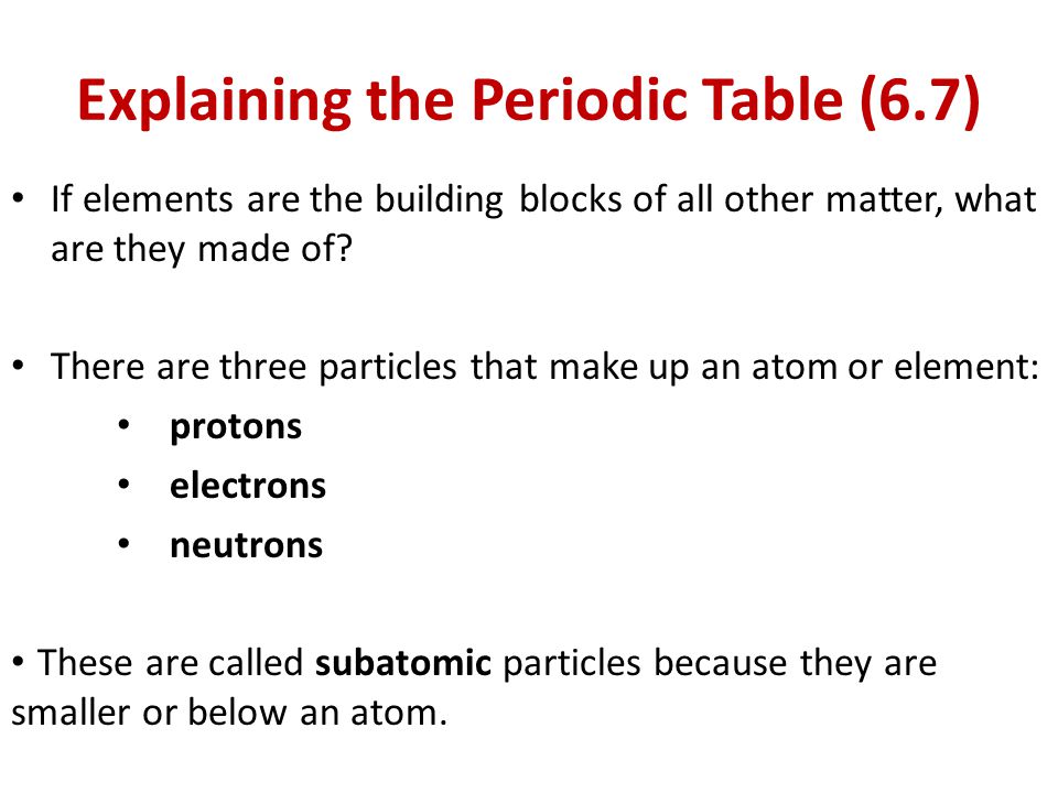Explaining the Periodic Table (6.7) If elements are the building blocks of all other matter, what are they made of.