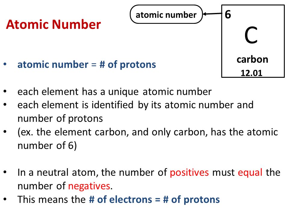 Atomic Number C carbon atomic number atomic number = # of protons each element has a unique atomic number each element is identified by its atomic number and number of protons (ex.