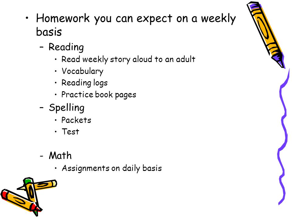 Homework you can expect on a weekly basis –Reading Read weekly story aloud to an adult Vocabulary Reading logs Practice book pages –Spelling Packets Test -Math Assignments on daily basis