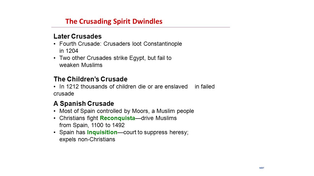 NEXT The Crusading Spirit Dwindles Later Crusades Fourth Crusade: Crusaders loot Constantinople in 1204 Two other Crusades strike Egypt, but fail to weaken Muslims The Children’s Crusade In 1212 thousands of children die or are enslaved in failed crusade A Spanish Crusade Most of Spain controlled by Moors, a Muslim people Christians fight Reconquista—drive Muslims from Spain, 1100 to 1492 Spain has Inquisition—court to suppress heresy; expels non-Christians