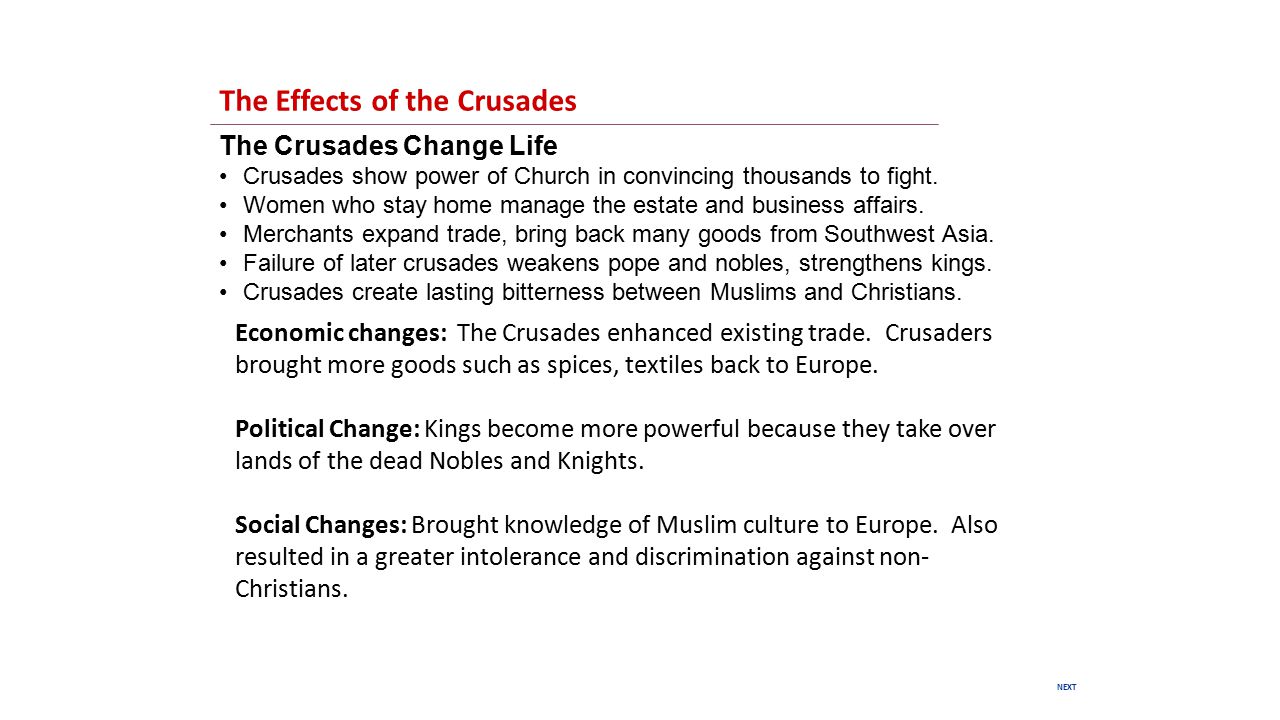 NEXT The Effects of the Crusades The Crusades Change Life Crusades show power of Church in convincing thousands to fight.