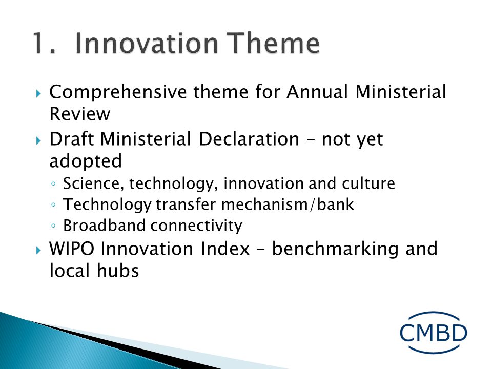  Comprehensive theme for Annual Ministerial Review  Draft Ministerial Declaration – not yet adopted ◦ Science, technology, innovation and culture ◦ Technology transfer mechanism/bank ◦ Broadband connectivity  WIPO Innovation Index – benchmarking and local hubs