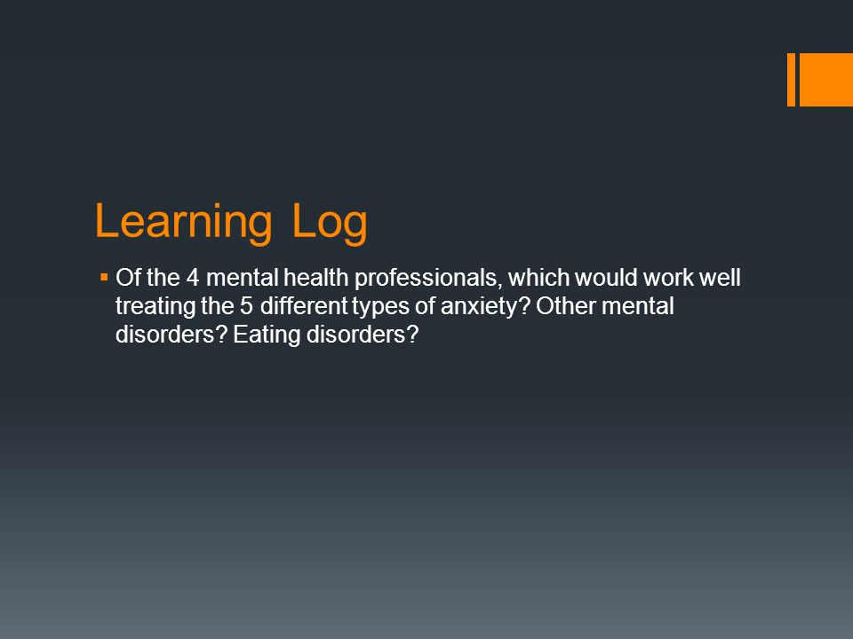 Learning Log  Of the 4 mental health professionals, which would work well treating the 5 different types of anxiety.