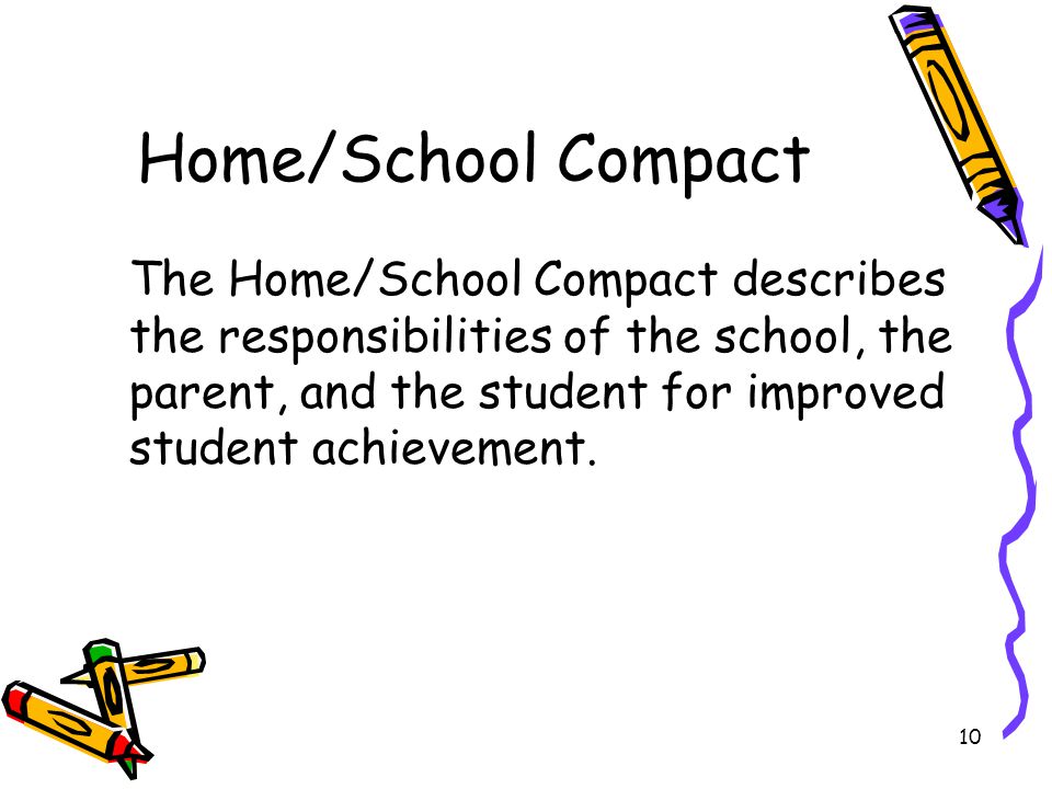 10 Home/School Compact The Home/School Compact describes the responsibilities of the school, the parent, and the student for improved student achievement.