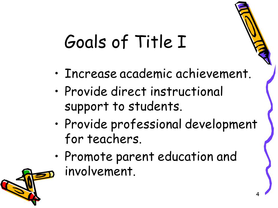 4 Goals of Title I Increase academic achievement. Provide direct instructional support to students.