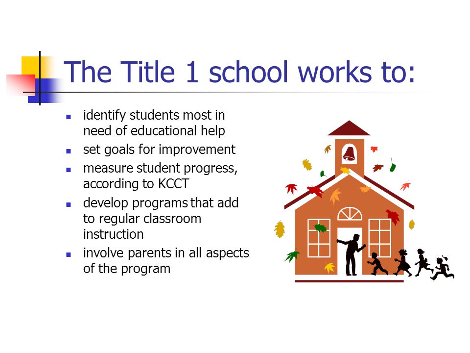 The Title 1 school works to: identify students most in need of educational help set goals for improvement measure student progress, according to KCCT develop programs that add to regular classroom instruction involve parents in all aspects of the program