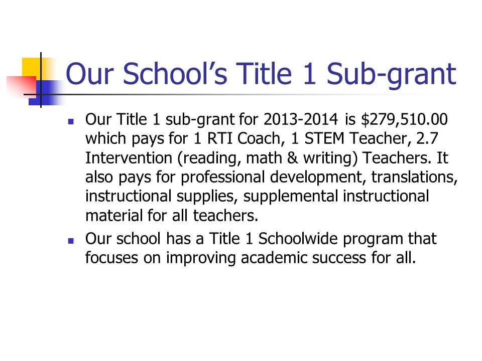 Our School’s Title 1 Sub-grant Our Title 1 sub-grant for is $279, which pays for 1 RTI Coach, 1 STEM Teacher, 2.7 Intervention (reading, math & writing) Teachers.