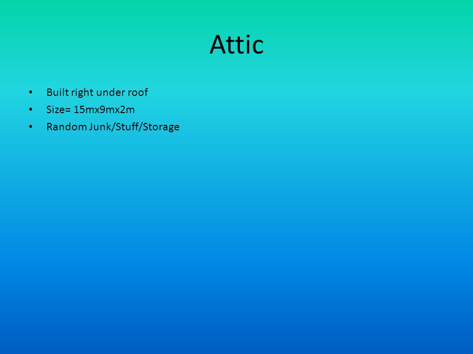 Attic Built right under roof Size= 15mx9mx2m Random Junk/Stuff/Storage