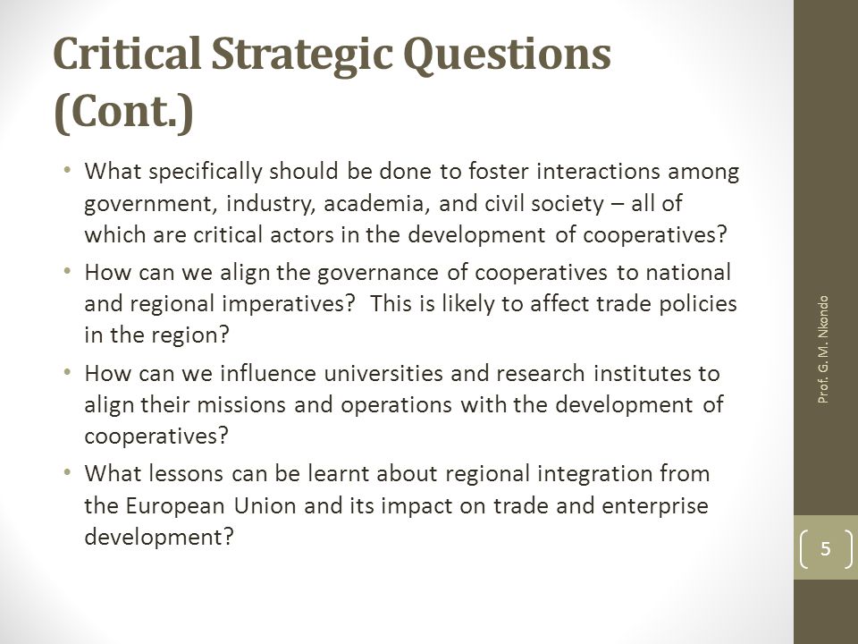 Critical Strategic Questions (Cont.) What specifically should be done to foster interactions among government, industry, academia, and civil society – all of which are critical actors in the development of cooperatives.