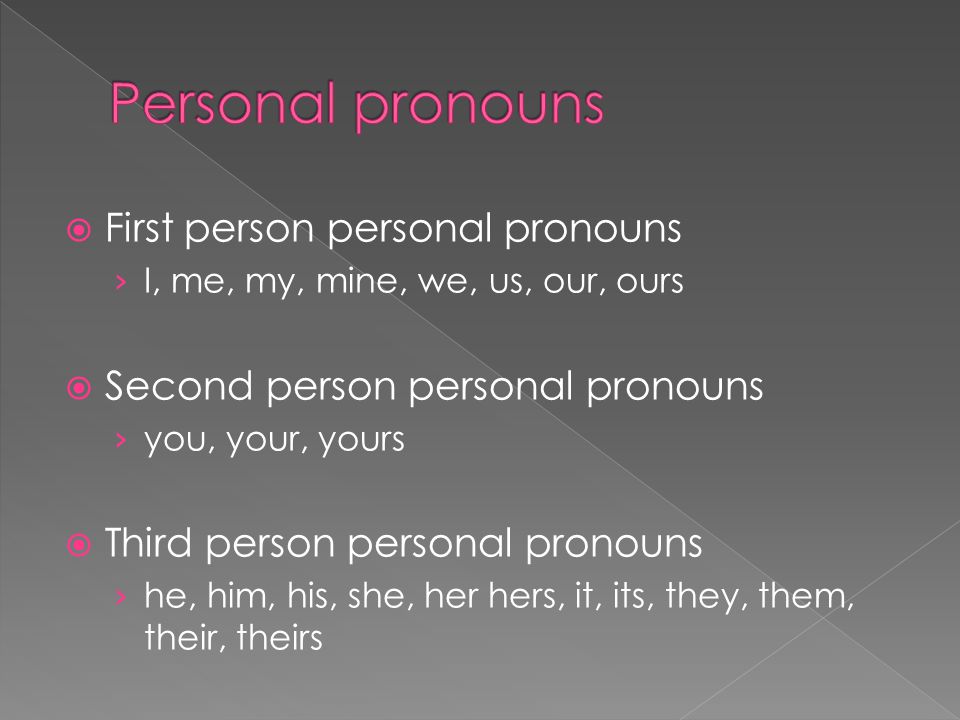  First person personal pronouns › I, me, my, mine, we, us, our, ours  Second person personal pronouns › you, your, yours  Third person personal pronouns › he, him, his, she, her hers, it, its, they, them, their, theirs