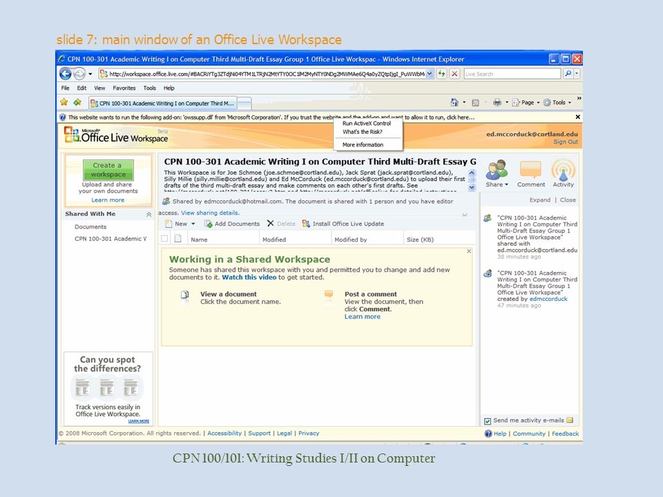 slide 7: main window of an Office Live Workspace CPN 100/101: Writing Studies I/II on Computer