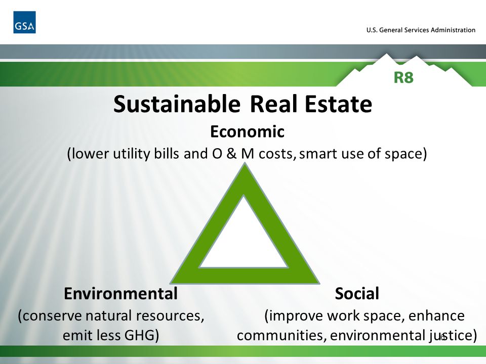 6 Economic (lower utility bills and O & M costs, smart use of space) Social (improve work space, enhance communities, environmental justice) Environmental (conserve natural resources, emit less GHG) Sustainable Real Estate