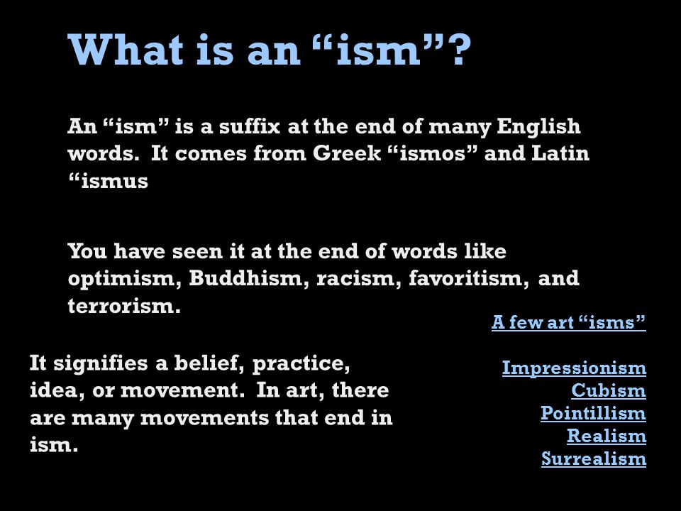 An ism is a suffix at the end of many English words.
