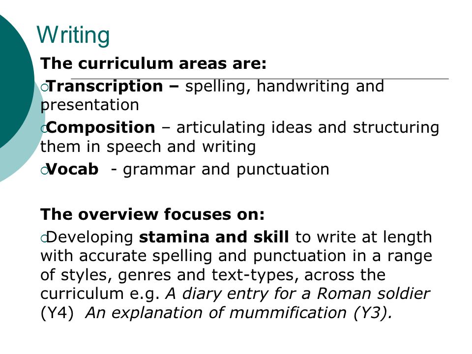 Writing The curriculum areas are:  Transcription – spelling, handwriting and presentation  Composition – articulating ideas and structuring them in speech and writing  Vocab - grammar and punctuation The overview focuses on:  Developing stamina and skill to write at length with accurate spelling and punctuation in a range of styles, genres and text-types, across the curriculum e.g.