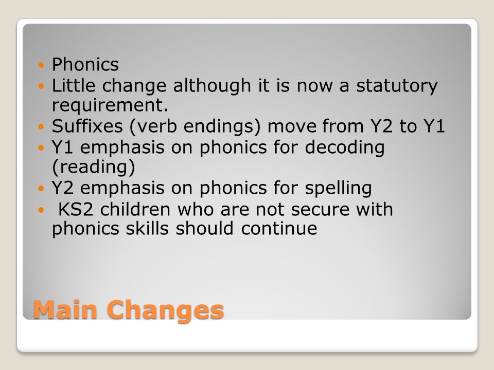 Main Changes Phonics Little change although it is now a statutory requirement.