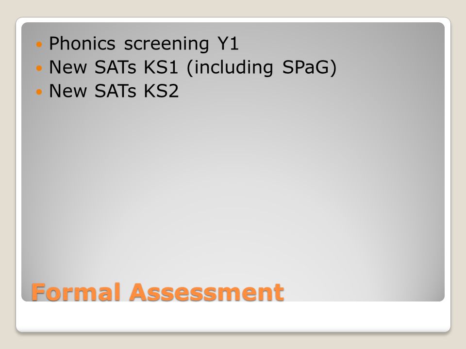 Formal Assessment Phonics screening Y1 New SATs KS1 (including SPaG) New SATs KS2