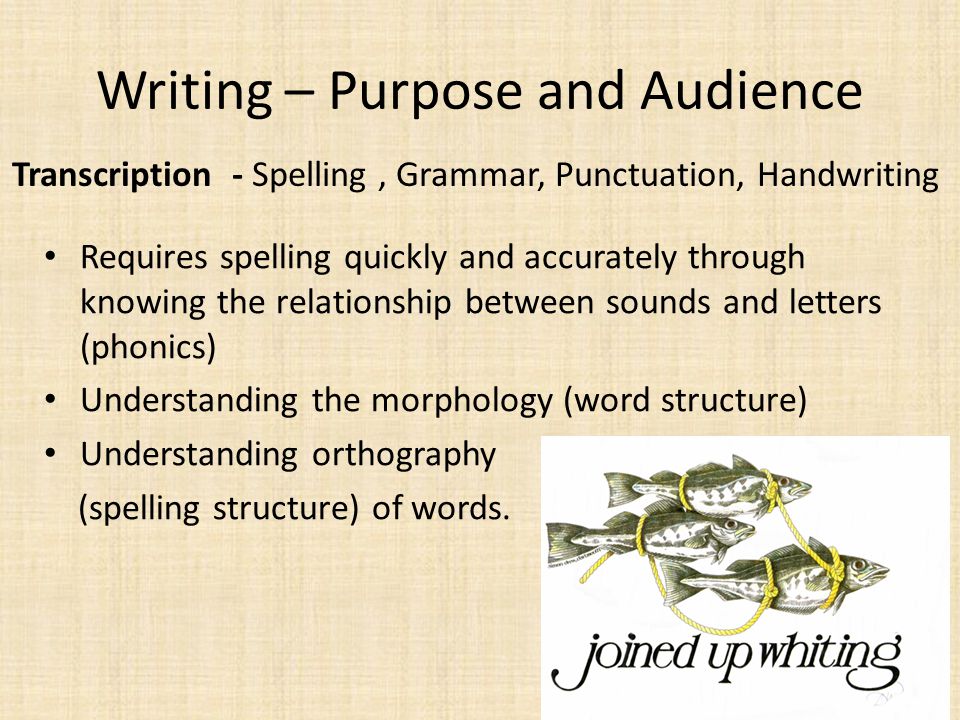 Writing – Purpose and Audience Transcription - Spelling, Grammar, Punctuation, Handwriting Requires spelling quickly and accurately through knowing the relationship between sounds and letters (phonics) Understanding the morphology (word structure) Understanding orthography (spelling structure) of words.