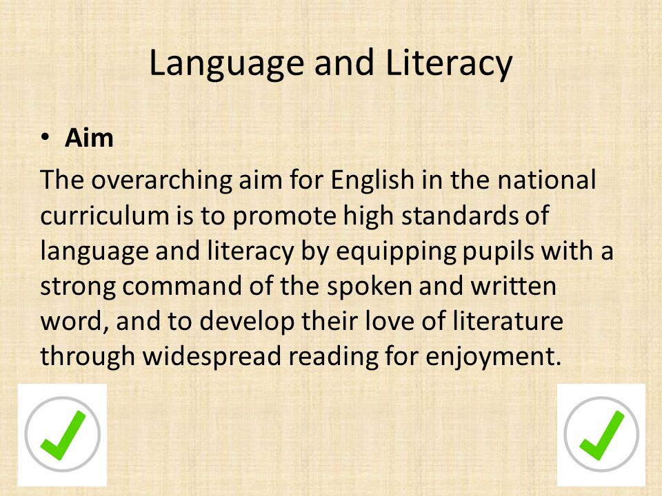 Language and Literacy Aim The overarching aim for English in the national curriculum is to promote high standards of language and literacy by equipping pupils with a strong command of the spoken and written word, and to develop their love of literature through widespread reading for enjoyment.