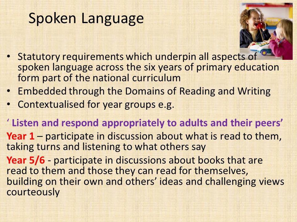 Spoken Language Statutory requirements which underpin all aspects of spoken language across the six years of primary education form part of the national curriculum Embedded through the Domains of Reading and Writing Contextualised for year groups e.g.