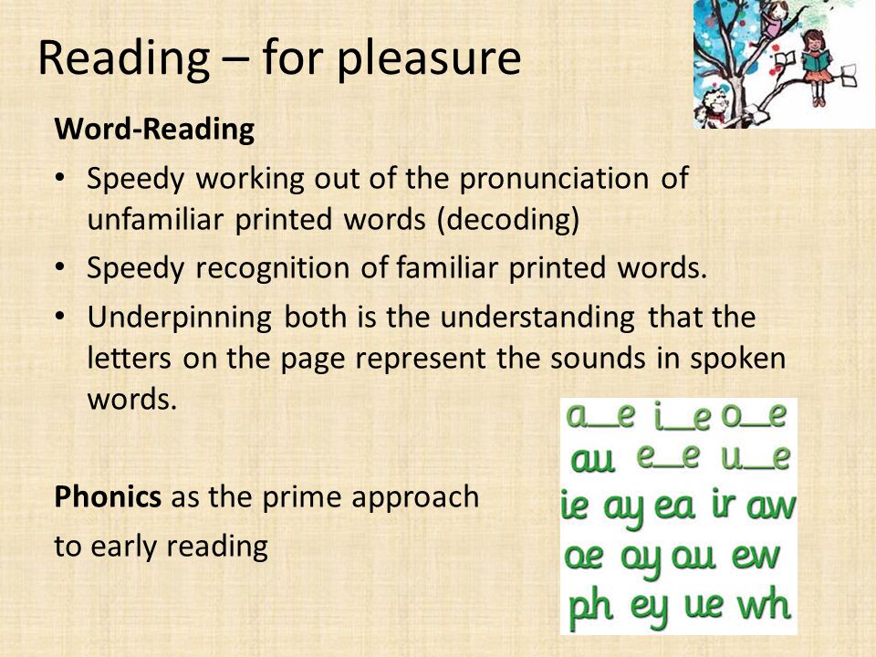 Reading – for pleasure Word-Reading Speedy working out of the pronunciation of unfamiliar printed words (decoding) Speedy recognition of familiar printed words.