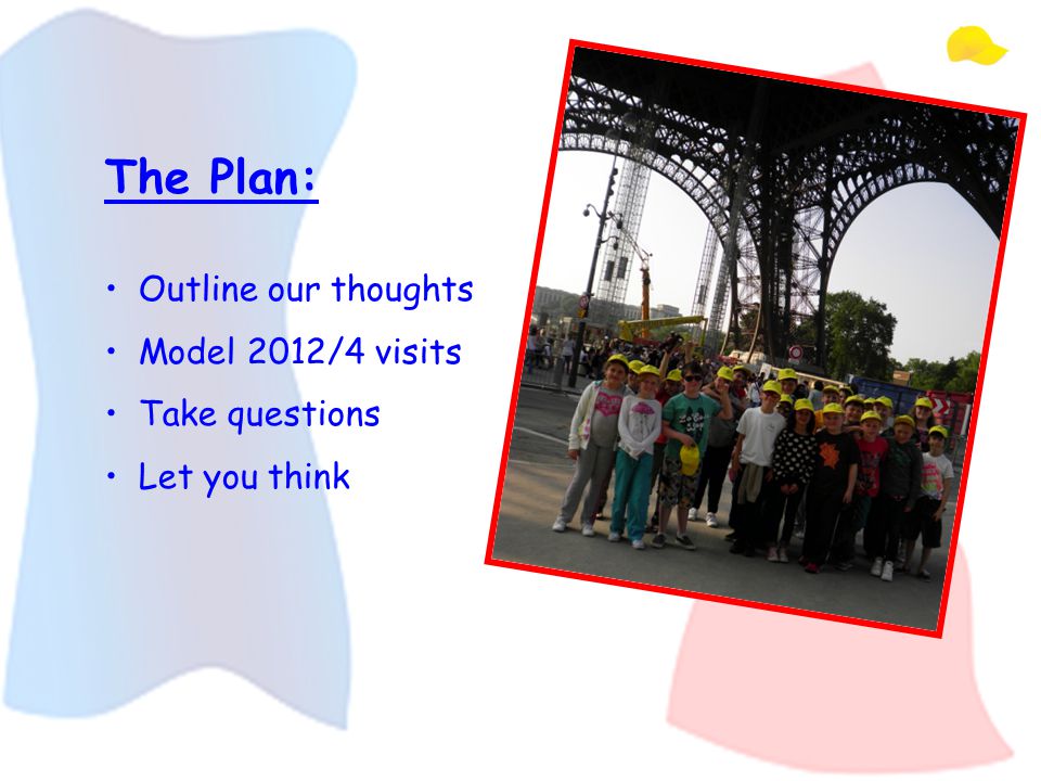 The Plan: Outline our thoughts Model 2012/4 visits Take questions Let you think