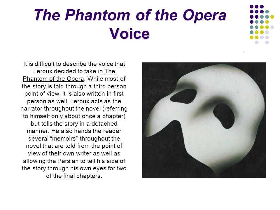 Voice The Phantom of the Opera Voice It is difficult to describe the voice that Leroux decided to take in The Phantom of the Opera.