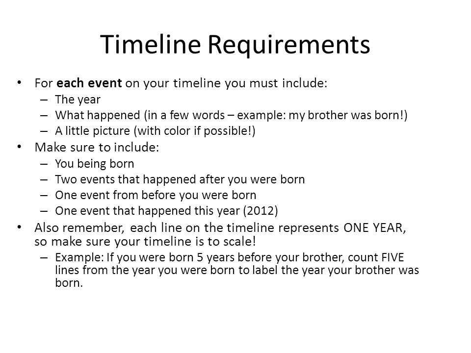 Timeline Requirements For each event on your timeline you must include: – The year – What happened (in a few words – example: my brother was born!) – A little picture (with color if possible!) Make sure to include: – You being born – Two events that happened after you were born – One event from before you were born – One event that happened this year (2012) Also remember, each line on the timeline represents ONE YEAR, so make sure your timeline is to scale.