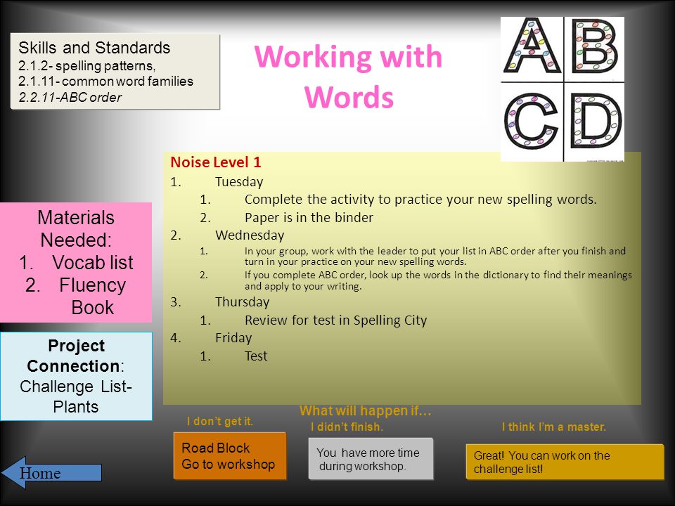 Working with Words Noise Level 1 1.Tuesday 1.Complete the activity to practice your new spelling words.
