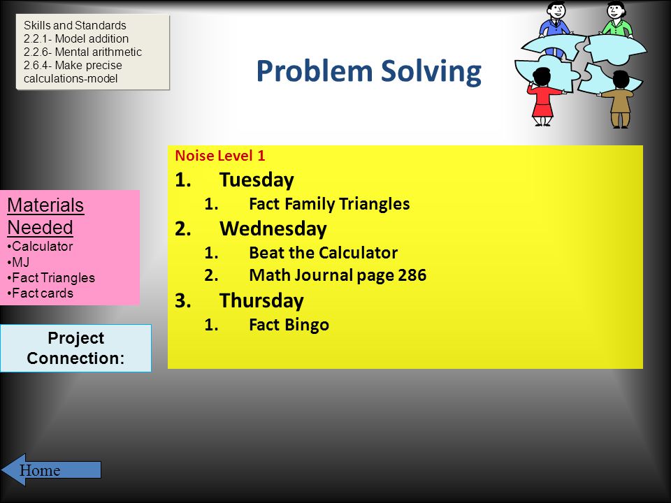 Problem Solving Noise Level 1 1.Tuesday 1.Fact Family Triangles 2.Wednesday 1.Beat the Calculator 2.Math Journal page Thursday 1.Fact Bingo Skills and Standards Model addition Mental arithmetic Make precise calculations-model Materials Needed Calculator MJ Fact Triangles Fact cards Home Project Connection: