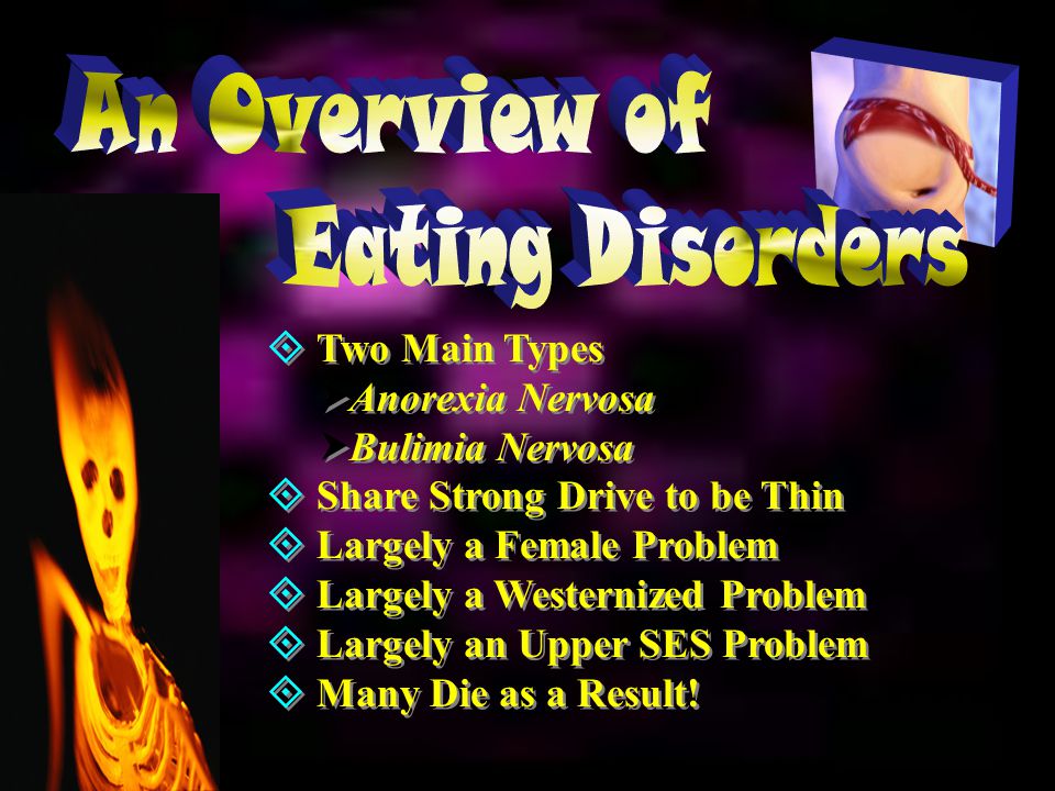 an overview of eating disorders Explore information about eating disorders, including signs and symptoms, treatment, research and statistics, and clinical trials examples of eating disorders include anorexia nervosa, bulimia nervosa, binge-eating disorder. an overview of eating disorders Explore information about eating disorders, including signs and symptoms, treatment, research and statistics, and clinical trials examples of eating disorders include anorexia nervosa, bulimia nervosa, binge-eating disorder.